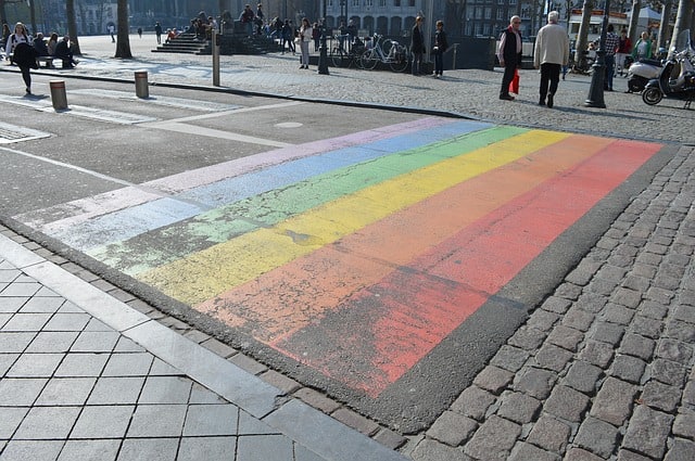 An image of the rainbow (LGBTQ) crosswalk in Netherlands (as an example for street photographers).