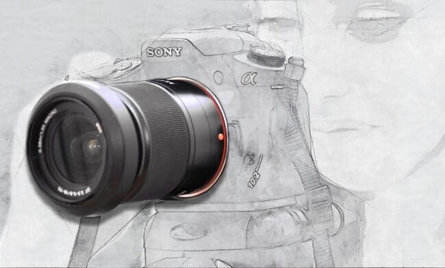 Drawing of a girl holding a Sony alpha mirrorless camera.